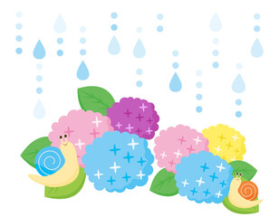 かたつむりと紫陽花　でんでん虫　イラスト