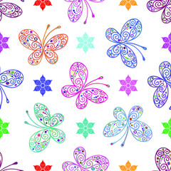 Seamless spring pattern with lace colorful butterflies on a transparent background. Vector eps 10