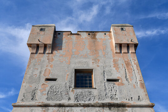 Low-angle view of Torre Groppallo, a defensive construction against attacks by Turkish pirates of Dragut (16th century), on the Anita Garibaldi Promenade, Nervi, Genoa, Liguria,