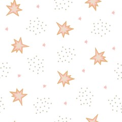 Fototapeta na wymiar Lovely baby shower starry sky polka dot seamless pattern vector illustration, hand drawn stars in random chaotic order, sweet dreams children funny simple image for textile, gift paper