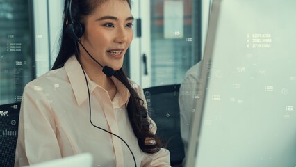 Customer support call center provide data with envisional graphic . Business and communication technology concept .