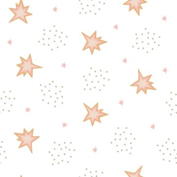 Lovely baby shower starry sky polka dot seamless pattern vector illustration, hand drawn stars in random chaotic order, sweet dreams children funny simple image for textile, gift paper