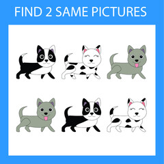 Find a pair game with funny  dogs.  Worksheet for preschool kids, kids activity sheet, printable worksheet 
