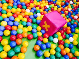 Detail eines Indoor Kinderspielplatzes mit bunten B&auml;llen und W&uuml;rfelkissen