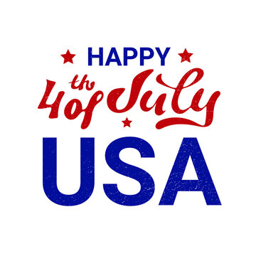 Happy 4th of July USA, Independence Day, greeting card in the colors of the national flag of the United States with red stars, hand lettering, vector illustration. Red and blue letters with texture