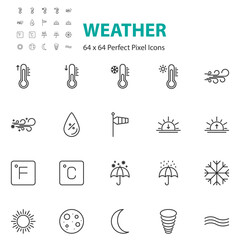 set of weather line icons, cloud, rain, season, temperature