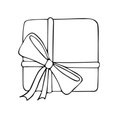 Box gift line art. Present in wrapping paper with a bow tied with a ribbon. Party gifts. Merry holiday. Hand drawn vector doodle illustration. Outline drawing.