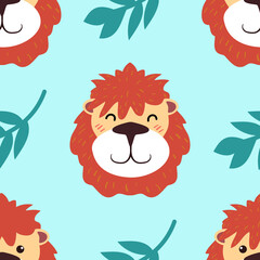 Seamless pattern with jungle lion and foliage. Vector seamless background