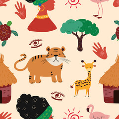 Naive seamless pattern with african woman, giraffe, flamingo. Vector background