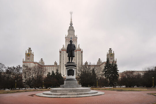 Stalin's high-rise - the main building of Moscow State University and the monument to Lomonosov in Moscow