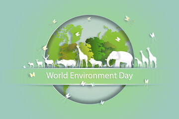 World environment Day, paper cut and origami craft style. Vector illustration world environment wildlife day. Save the planet and world concept, paper illustration, and 3d paper. - Powered by Adobe