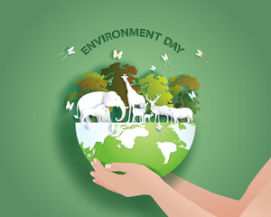Holding the world environment Day, paper cut and origami craft style. Vector illustration world environment wildlife day. Save the planet and world concept, paper illustration, and 3d paper.