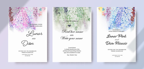 Wedding invitation card vintage set bunch of orchids watercolor painting on white.