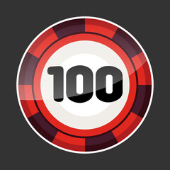 Casino chip 100 icon. Flat illustration of casino chip with a value of one hundred. Vector icon for web design in red color.