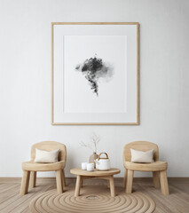 Japandi style interior.Minimal living room with wood chairs and picture canvas.3d rendering