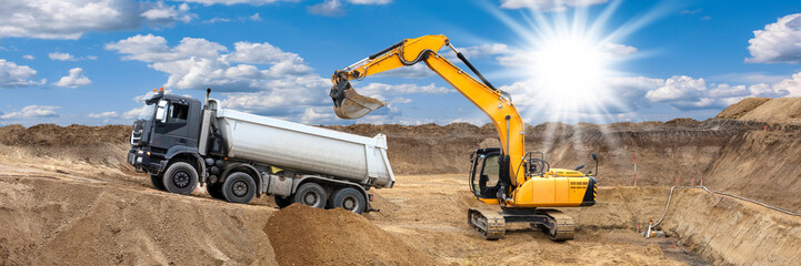 excavator is digging on construction site