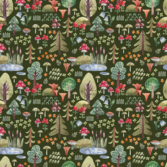 Watercolor pattern with forest plants, trees, mushrooms, herbs and flowers in cartoon style. Forest background for children's textiles, clothes, children's room decor.