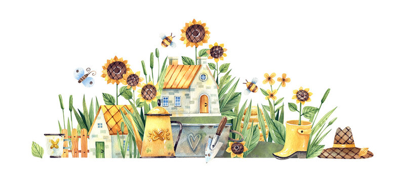 Watercolor illustration of a fantasy rural landscape with houses, sunflowers and rustic utensils.