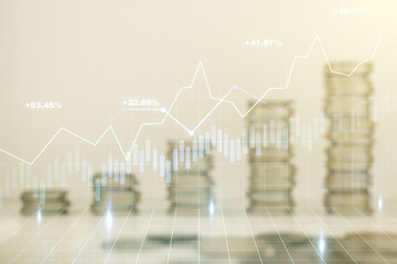 Multi exposure of abstract virtual financial graph hologram on stacks of coins background, forex and investment concept