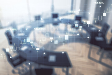 Abstract creative financial graph interface and world map on a modern conference room background,...