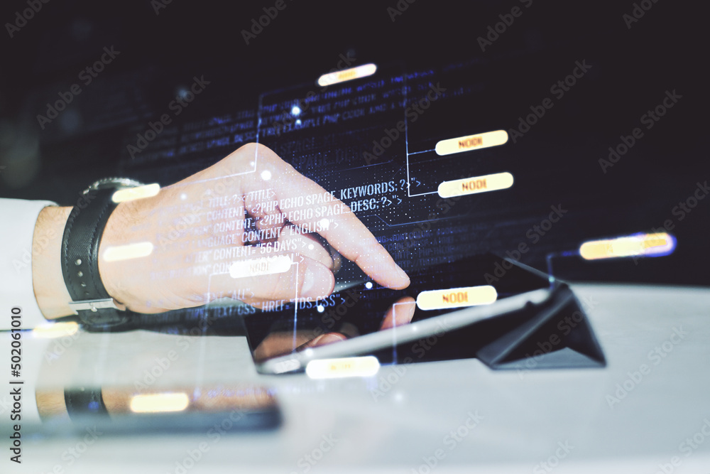 Aufkleber abstract creative coding concept with finger clicks on a digital tablet on background. multiexposure