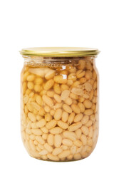 Canned beans in glass jar ready to use isolated on white background