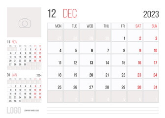 Calendar 2023 planner corporate template design month december