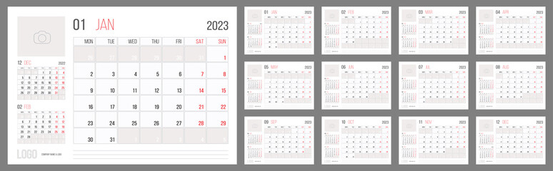 Calendar 2023 planner corporate template design set. Week starts on Monday. - obrazy, fototapety, plakaty