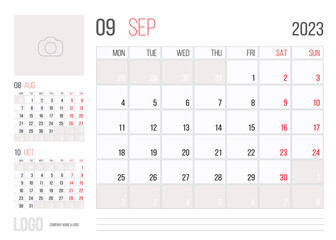 Calendar 2023 planner corporate template design month september