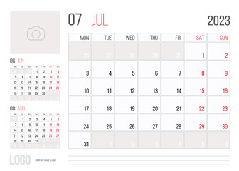 Calendar 2023 planner corporate template design month july