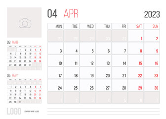Calendar 2023 planner corporate template design month april