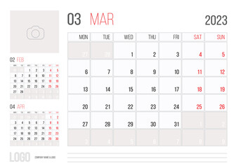 Calendar 2023 planner corporate template design month march