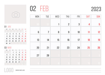 Calendar 2023 planner corporate template design month february