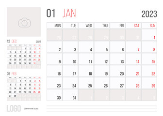 Calendar 2023 planner corporate template design month january