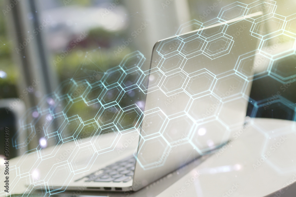 Poster double exposure of technology hologram with hexagon on laptop background. research and development s