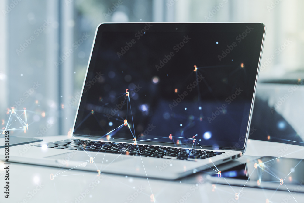 Poster double exposure of technology hologram on laptop background. research and development software conce