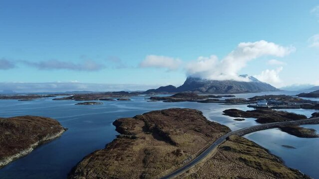 majestic sea, mountain and island view from the island of Heroy in nordland giving a small view of the massive archipelago and the diverse landscape of the region