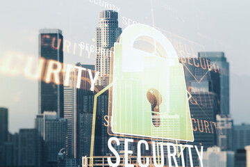 Virtual creative lock illustration with microcircuit on Los Angeles cityscape background, cyber security concept. Multiexposure