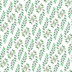 The watercolor simple pattern is seamless. white background and green leaves.