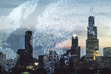 Multi exposure of abstract creative digital world map hologram on Chicago city skyline background,...