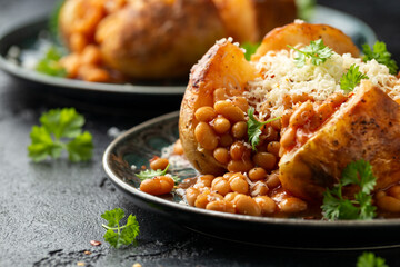 Jacket Baked potato with tomato beans, cheddar cheese. Traditional British food