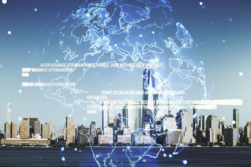 Abstract virtual coding illustration and world map on New York cityscape background, international software development concept. Multiexposure