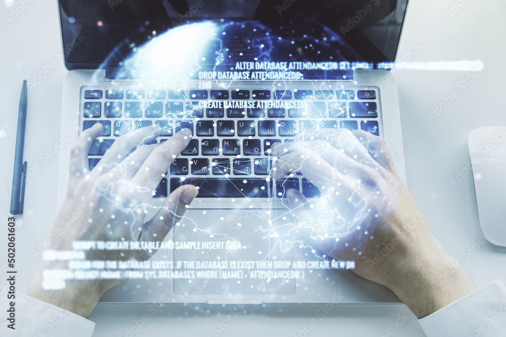 Aufkleber double exposure of abstract programming language hologram with world map and hands typing on laptop 