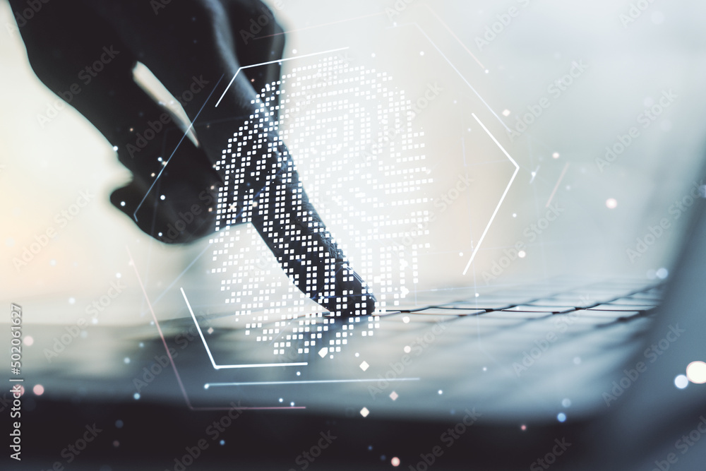 Poster multi exposure of abstract creative fingerprint illustration with hands typing on computer keyboard 