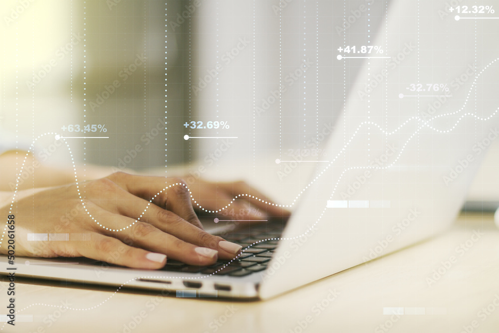 Aufkleber double exposure of abstract creative statistics data hologram with hands typing on laptop on backgro
