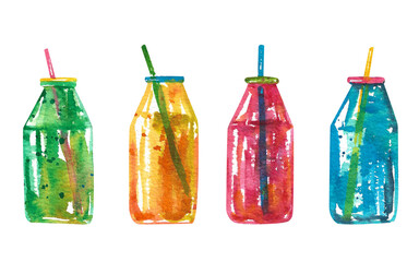 Watercolor set of lemonades. Several soft drinks in a bottle with a straw