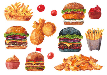 Fast food watercolor set. Burgers, french fries, caviar, sauce, chicken