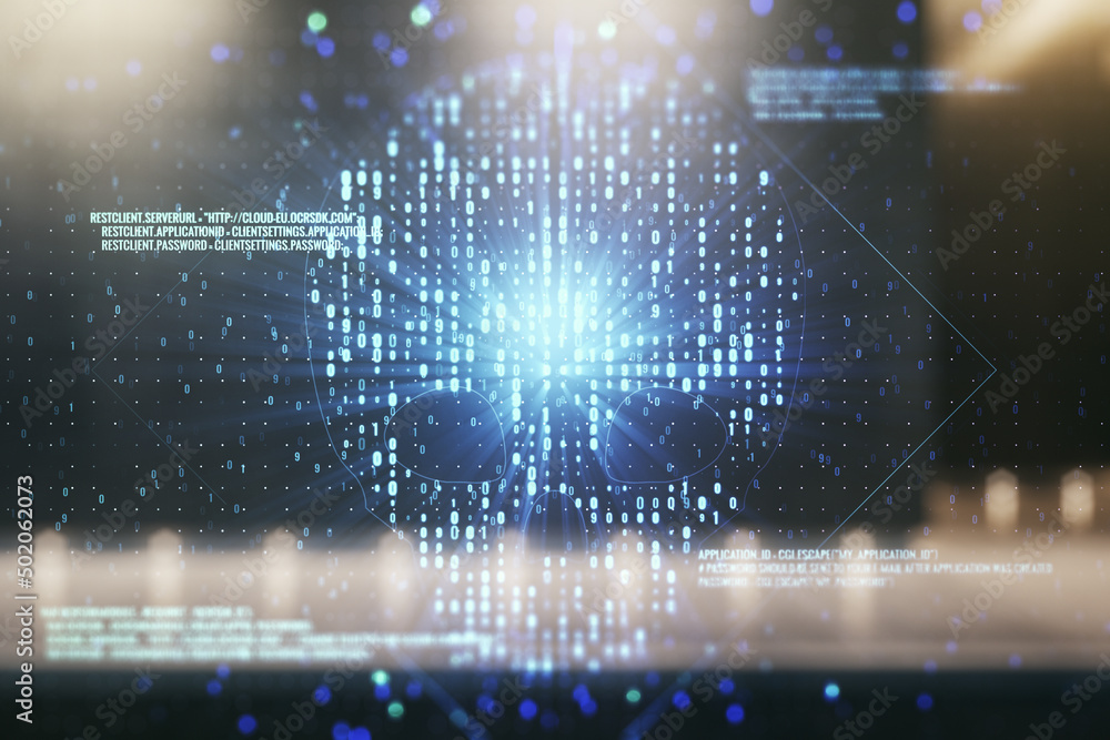 Poster abstract virtual code skull hologram on blurry contemporary office building background, cybercrime a