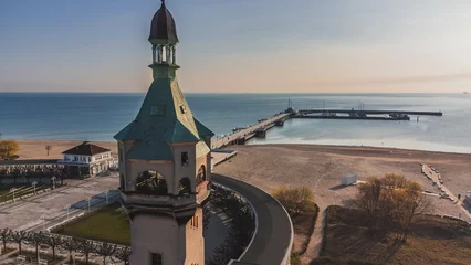 Papier Peint photo La Baltique, Sopot, Pologne Morning view of the pier in Sopot, lighthouses and the Baltic Sea. View from the drone.