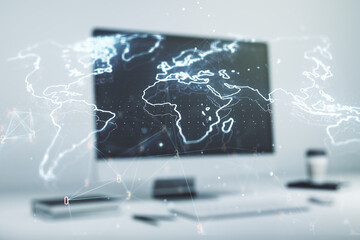 Double exposure of abstract digital world map on laptop background, research and strategy concept